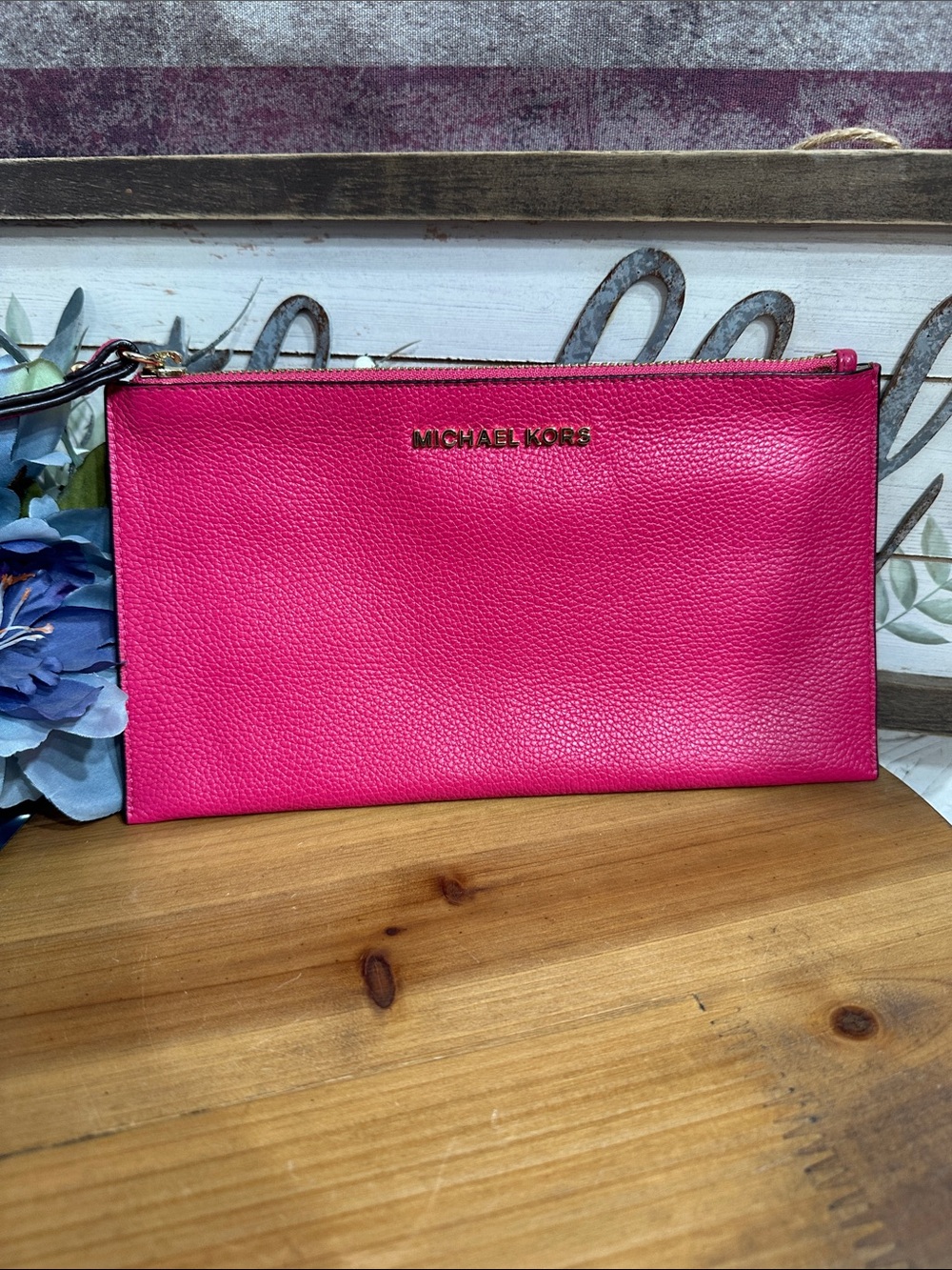 MICHAEL KORS Fuchsia Pebbled Leather Zip Pouch